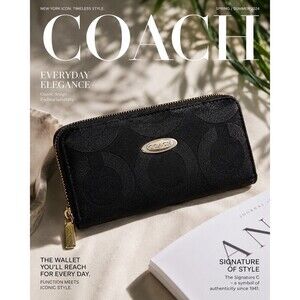 Coach Signature C Jacquard Zip Around Wallet Black Gold Long Continental 7"x4"